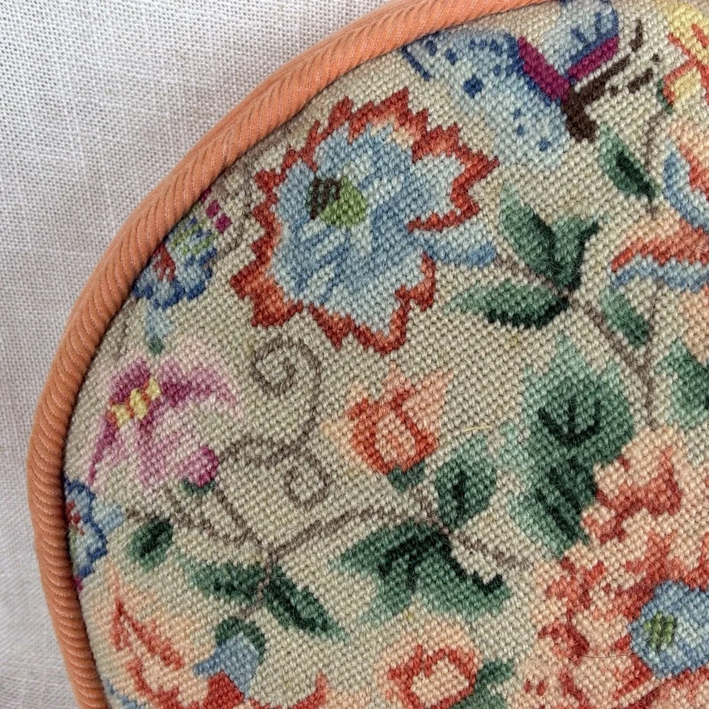 VTG Petite Needlepoint Floral Butterfly Round Throw Pillow 10